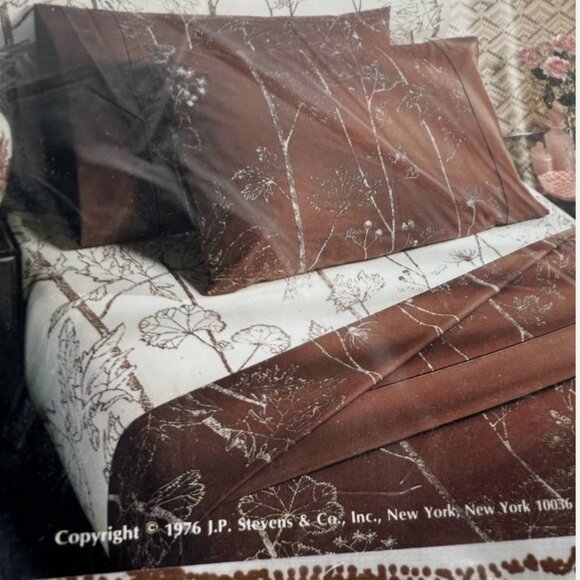 NEW Vtg Utica Stevens Fine Arts Twin Flat Fitted Jack Lenor Larsen Brown Leaves - Picture 2 of 4